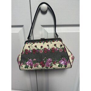 Isabella Fiore Floral Checkered Black Leather Sequined Beaded Handbag Purse Rare